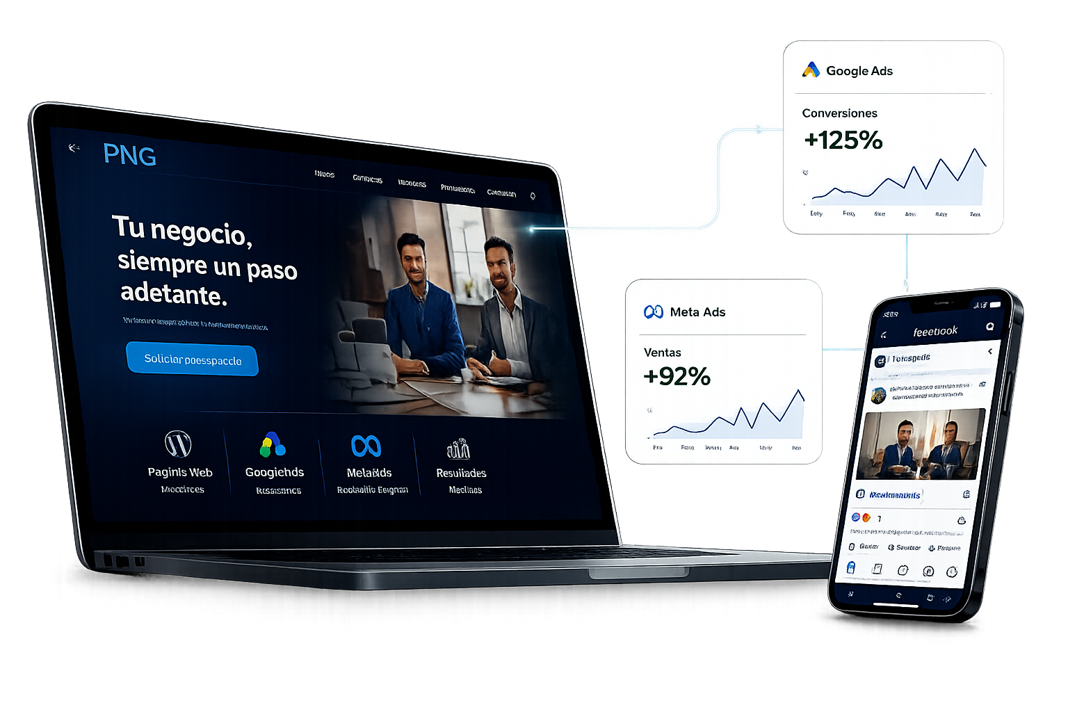 Notebook, smartphone y resultados de campañas de PNG Marketing Digital